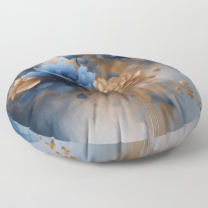 Blue and Golden Floral Abstract Floor Pillow