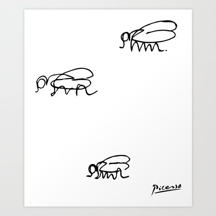Picasso - Flies Line Drawing, Animals Sketch Artwork Art Print
