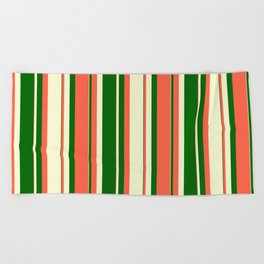 [ Thumbnail: Red, Light Yellow & Dark Green Colored Stripes Pattern Beach Towel ]