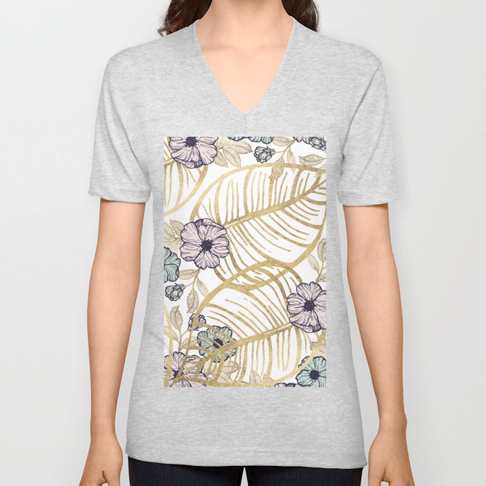 Abstract Gold Mint Pink White Flora Foliage V Neck T Shirt