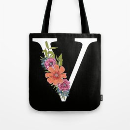 Monogram Letter V with Flowers Black background Tote Bag