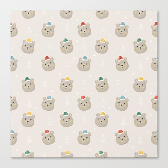 Christmas Seamless Pattern with Polar Bear Isolated on Gray Background Canvas Print