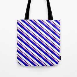 [ Thumbnail: Light Coral, Blue, and Mint Cream Colored Striped Pattern Tote Bag ]