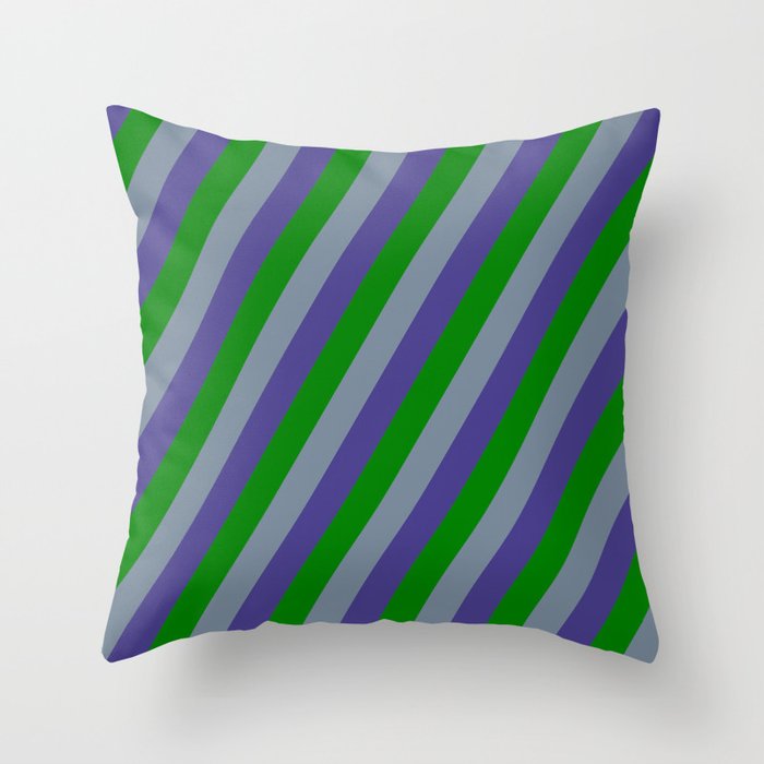 Light Slate Gray, Dark Slate Blue & Green Colored Lines/Stripes Pattern Throw Pillow