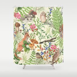 Hand drawn seamless pattern with watercolor forest animals and plants. Pattern for kids, wood inhabitants, cute animals Shower Curtain