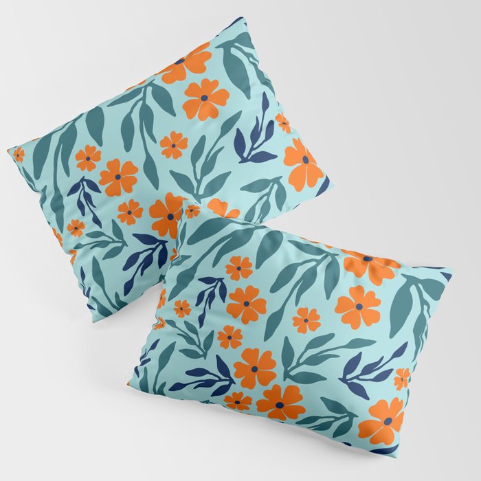 Cheerful Floral Prints, Turquoise, Navy, Teal, Orange Pillow Sham