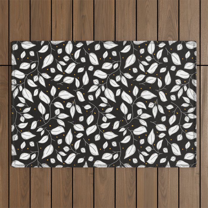 Moody black and white leaves pattern with yellow dots Outdoor Rug