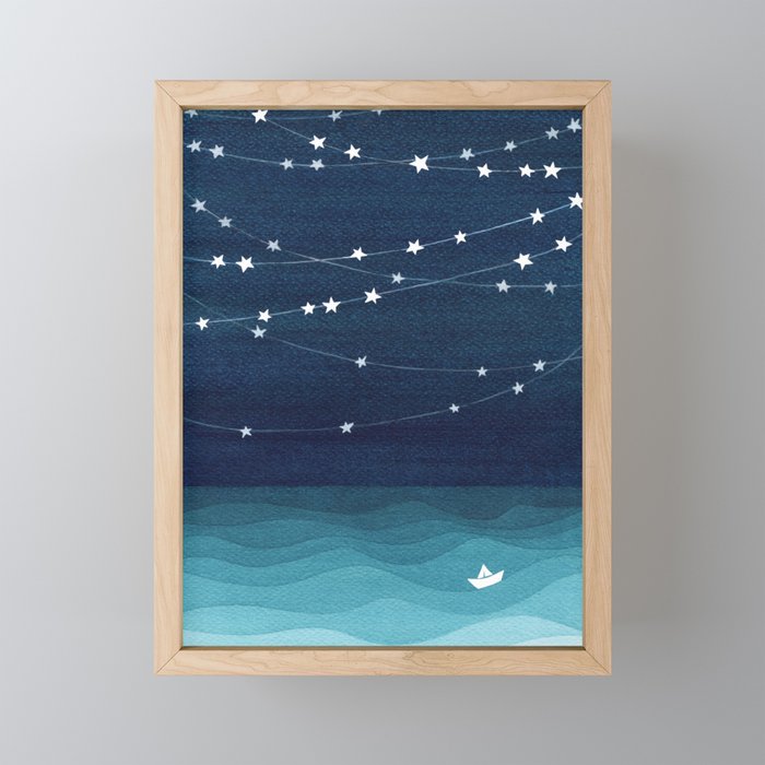 Garlands of stars, watercolor teal ocean Framed Mini Art Print