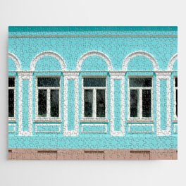  Old city, Prettily suburban town. Architectural details and decoration of the vintage stucco facade framing the windows - console, protome, mascaron, capital, pilasters, wreaths, relief and other.  Jigsaw Puzzle