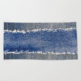 Denim frame. Ripped denim fabric with fringe edge on bleached denim background, text place, copy space. Worn Jeans Casual Double Color patch. Classic blue denim pattern texture  Beach Towel