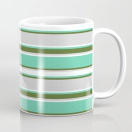 [ Thumbnail: Aquamarine, Dark Olive Green, Light Grey, and Mint Cream Colored Pattern of Stripes Coffee Mug ]