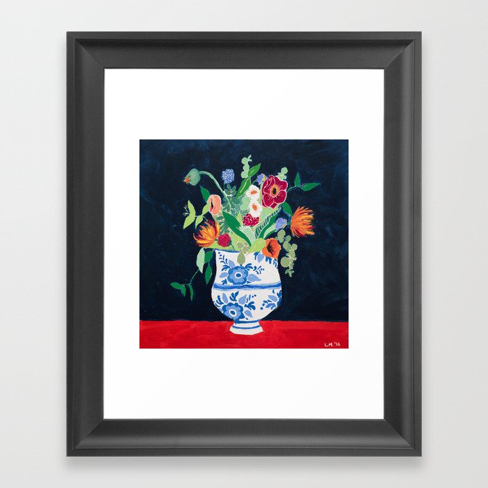 Bouquet Of Flowers In Blue And White Urn On Navy Framed Art Print
