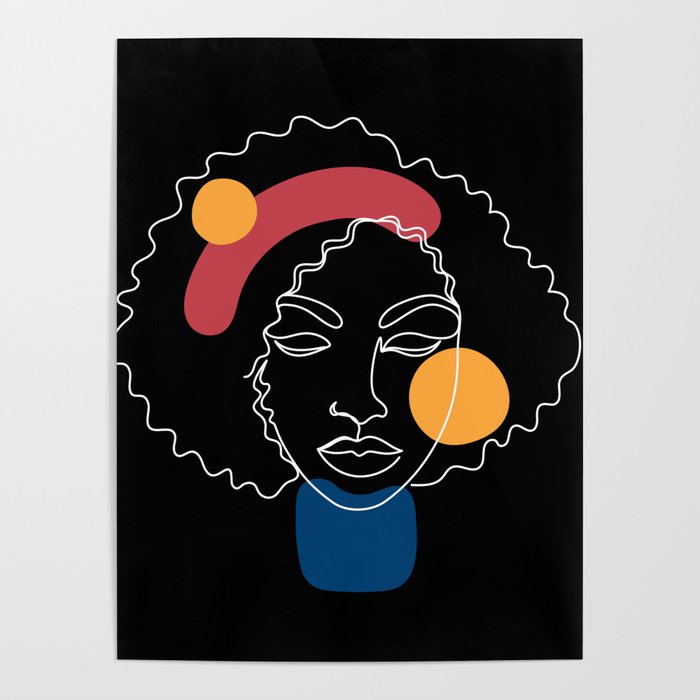 African woman in a line art style with abstract shapes on a black background. Poster