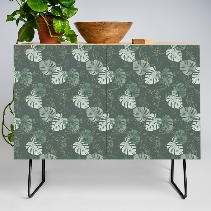 Tropical Monstera Leaves Pattern Credenza