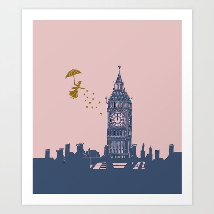 Mary Poppins and Big Ben in Pink and Blue Art Print