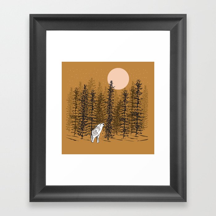 Wolf Howling at the Moon with Woodland Trees - Dusk Framed Art Print