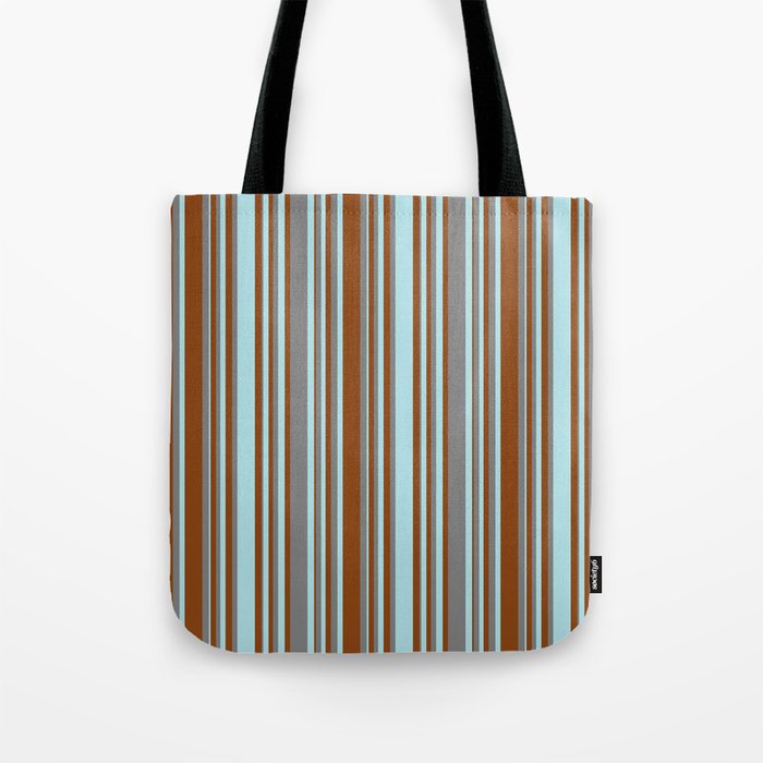 Brown, Powder Blue & Grey Colored Stripes/Lines Pattern Tote Bag