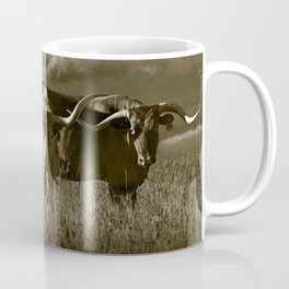 Sepia Tone of Texas Longhorn Steers under a Cloudy Sky Coffee Mug