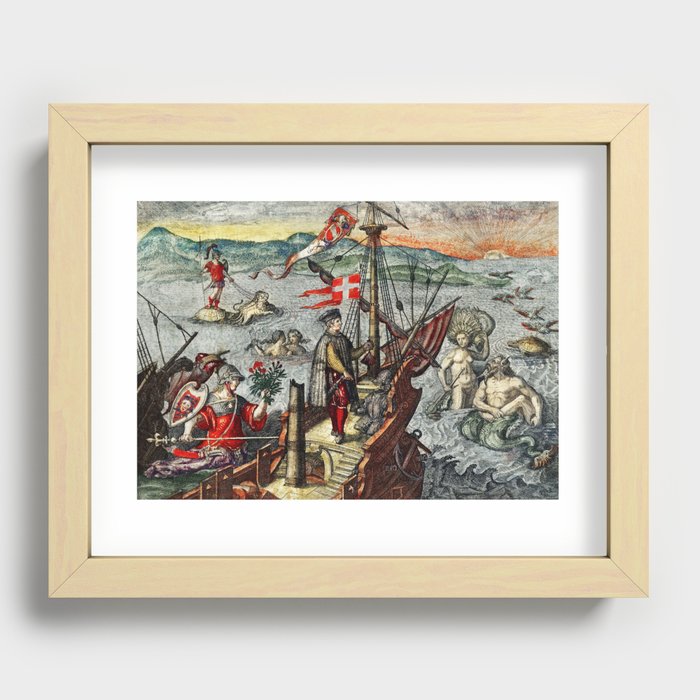 Christopher Columbus illustration from Grand voyages (1596) by Theodor de Bry (1528-1598). Recessed Framed Print