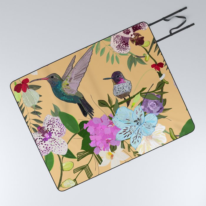 Orchid, alstroemeria and cute humming birds pattern Picnic Blanket