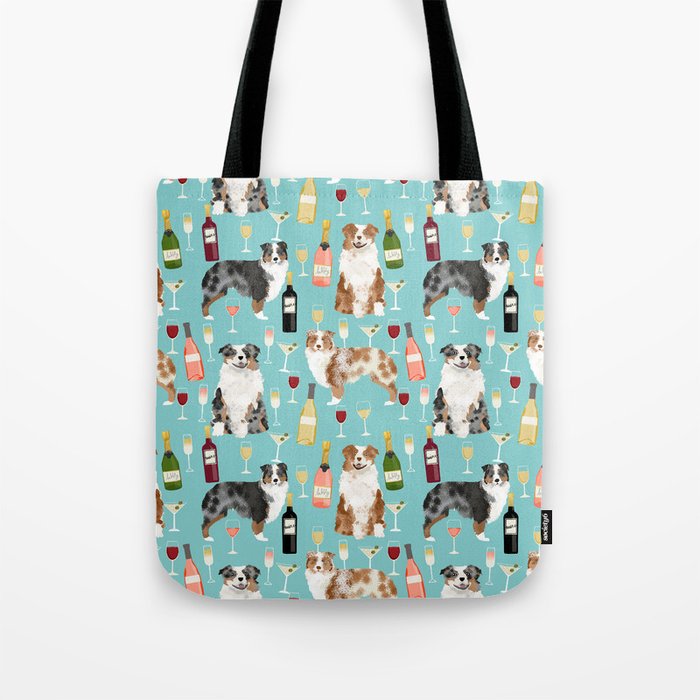 Australian Shepherd blue and red merle wine cocktails yappy hour pattern dog breed Tote Bag