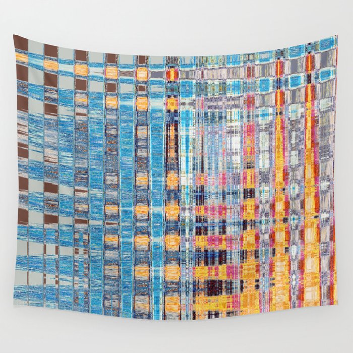 Blue And Yellow Distorted Criss Cross  Wall Tapestry