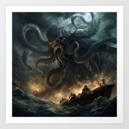 Kraken and Pirate Ship Art Print