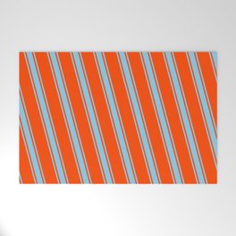 [ Thumbnail: Red and Sky Blue Colored Pattern of Stripes Welcome Mat ]