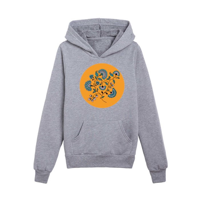 Boho whimsical Indian flowers yellow blue Kids Pullover Hoodie