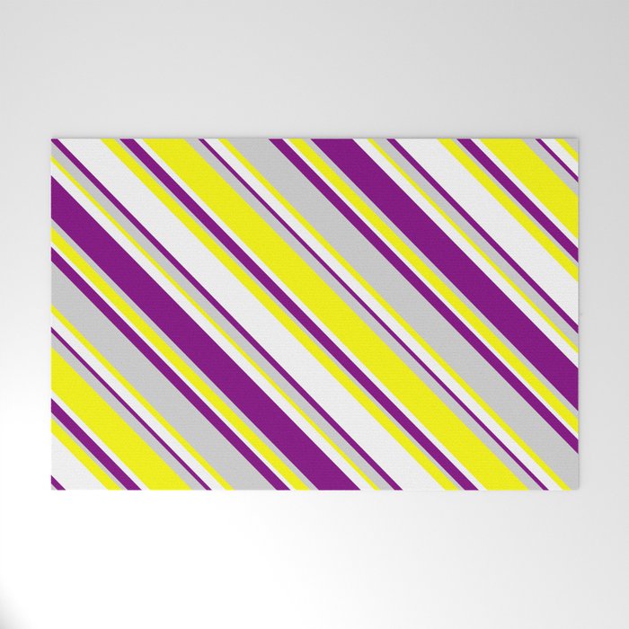 White, Purple, Light Gray & Yellow Colored Lines Pattern Welcome Mat