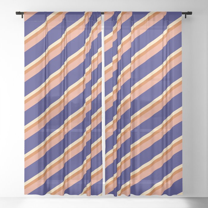 Beige, Chocolate, Dark Salmon, and Midnight Blue Colored Pattern of Stripes Sheer Curtain