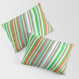 [ Thumbnail: Red, Sky Blue, Mint Cream, and Lime Green Colored Pattern of Stripes Pillow Sham ]