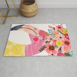 Pink flamingo with flowers on head Area & Throw Rug