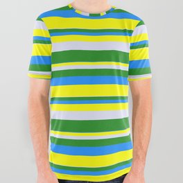 [ Thumbnail: Lavender, Forest Green, Blue & Yellow Colored Striped Pattern All Over Graphic Tee ]