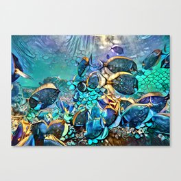 Sealife blue and gold modern art shining fish in sea artwork coral design Under Water  Canvas Print