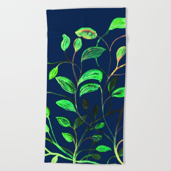 Greenery Spring leaves on Navy Blue Beach Towel