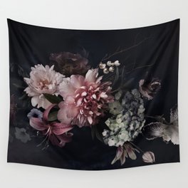 Vintage flowers. Peonies, tulips, lily, hydrangea on black. Floral background. Baroque style floristic illustration.  Wall Tapestry