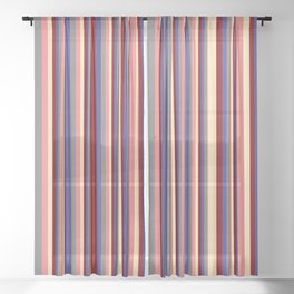 [ Thumbnail: Eyecatching Grey, Dark Slate Blue, Maroon, Beige, and Light Coral Colored Striped Pattern Sheer Curtain ]