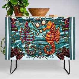 Sea horses couple painting, colorful ocean life Credenza