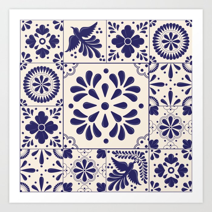 Blue Mexican Talavera Pattern by Akbaly Art Print