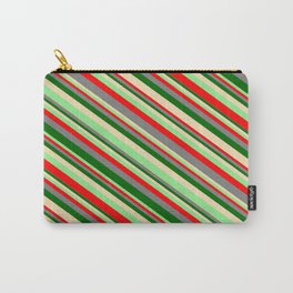 [ Thumbnail: Eyecatching Light Green, Red, Gray, Dark Green, and Tan Colored Lined/Striped Pattern Carry-All Pouch ]