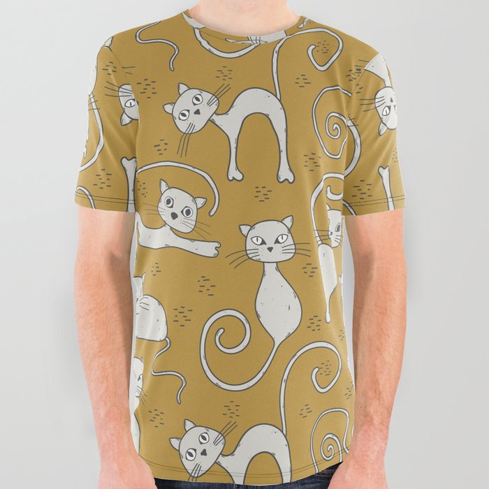 Mustard yellow and off-white cat pattern All Over Graphic Tee