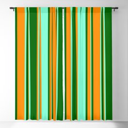 [ Thumbnail: Dark Orange, Dark Green, and Aquamarine Colored Stripes Pattern Blackout Curtain ]
