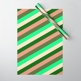 [ Thumbnail: Eye-catching Green, Bisque, Dark Green, Dark Salmon & Dark Olive Green Colored Lined/Striped Pattern Wrapping Paper ]