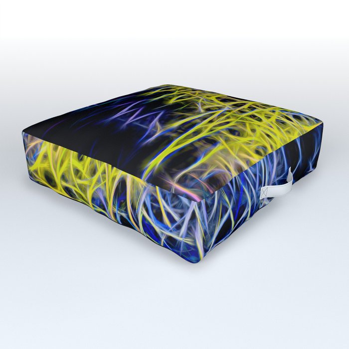 Neon Symphony: Blue and Yellow Electric Abstract Outdoor Floor Cushion