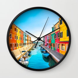 Burano water canal colorful houses and boats, Venice Wall Clock