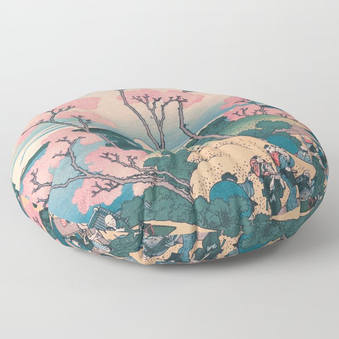 Spring Picnic under Cherry Tree Flowers, with Mount Fuji background Floor Pillow