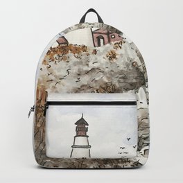 We All Need An Escape Backpack | Escape, Getaway, Watercolor, Inspirational, Markerpen, Ocean, Drawing, Potal, Lighthouse, Enter 