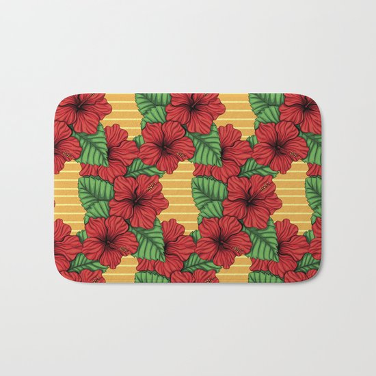 Hibiskcus and leaves, tropical pattern Bath Mat