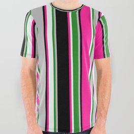 [ Thumbnail: Eyecatching Grey, Forest Green, Mint Cream, Deep Pink, and Black Colored Pattern of Stripes All Over Graphic Tee ]